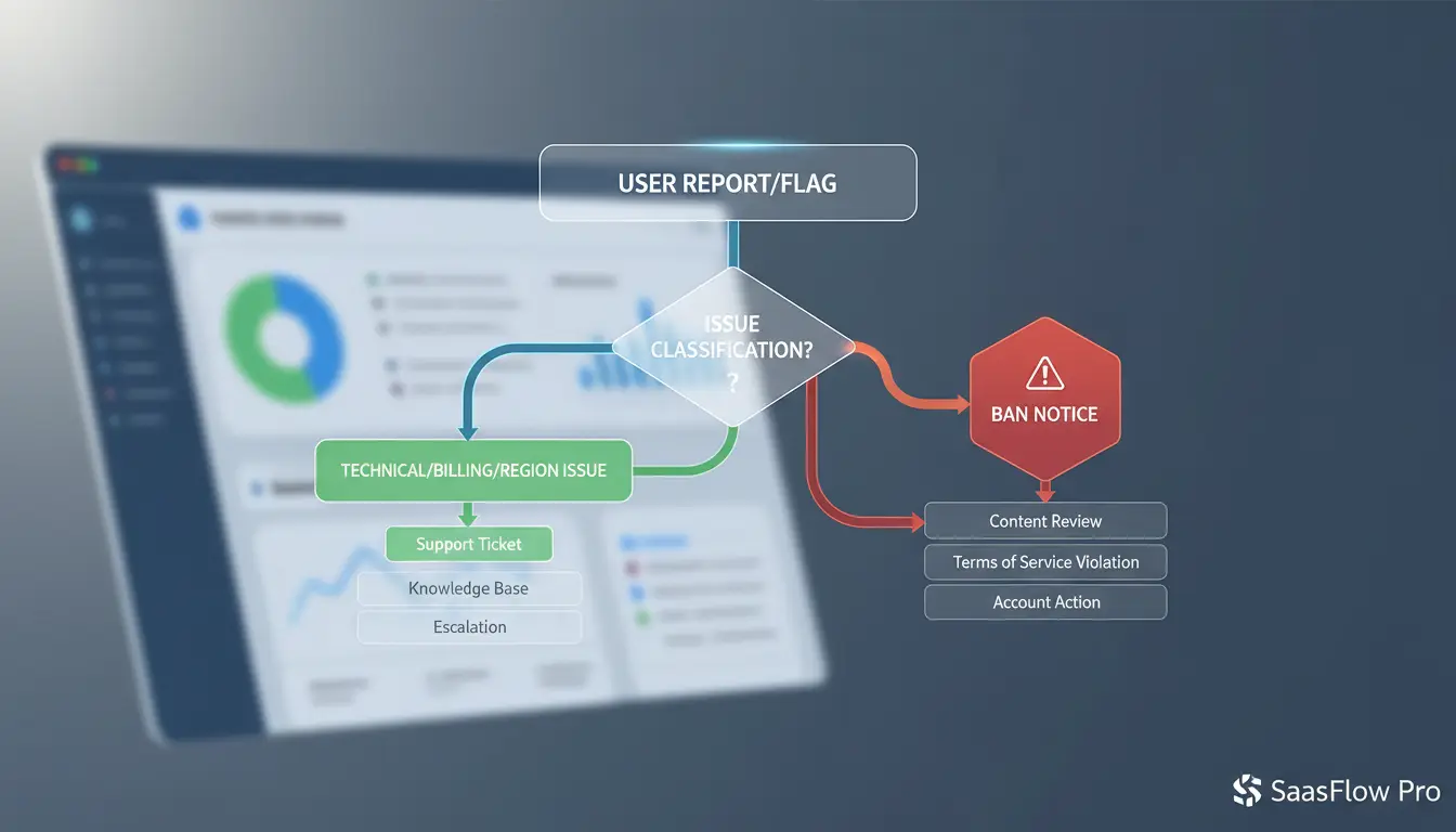 simple decision tree showing “ban notice” vs “technical/billing/region issue” paths