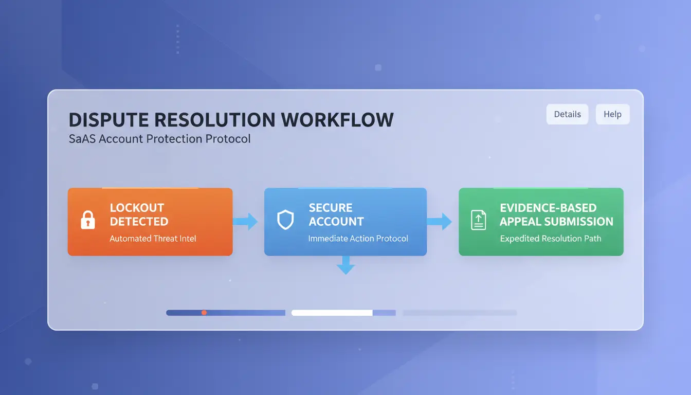 Simple 3-step flowchart: lockout detected -> secure account -> evidence-based appeal submission.
