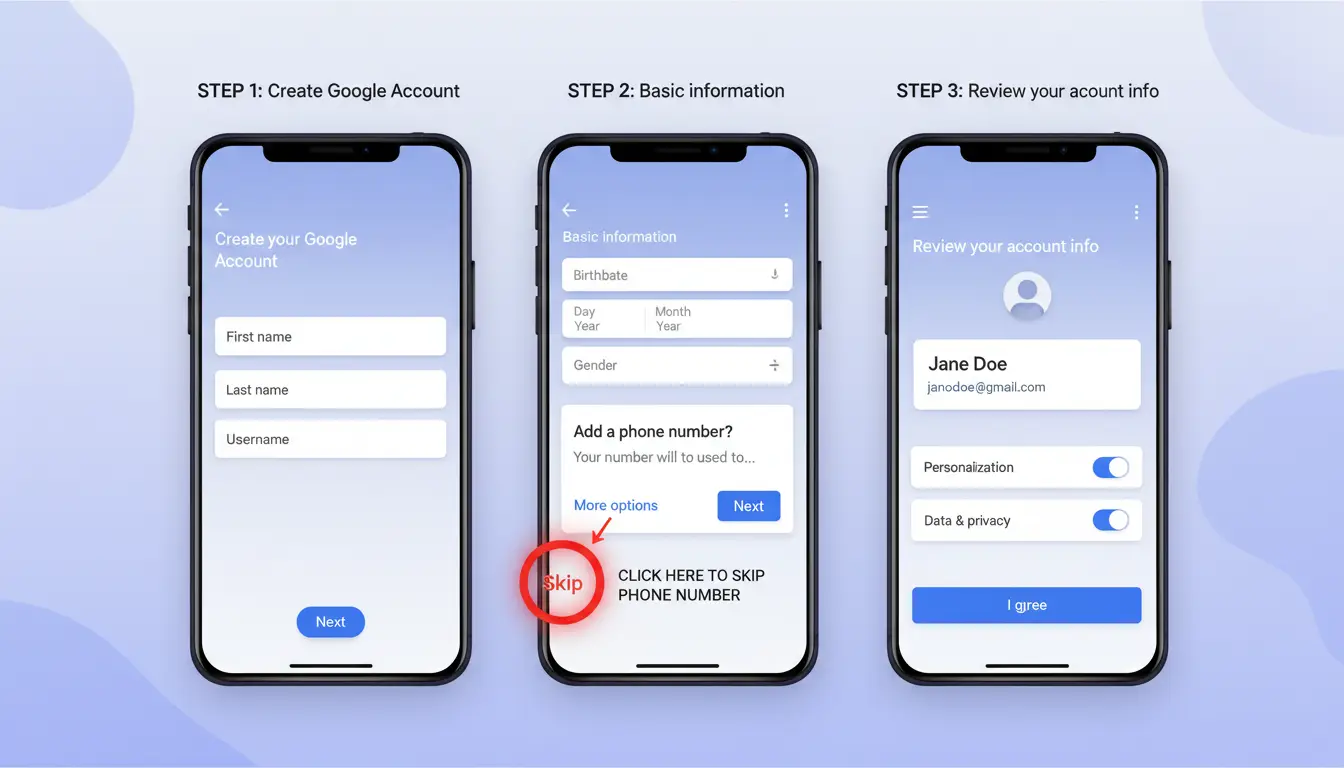 Ảnh minh họa từng màn hình đăng ký Gmail trên điện thoại, đánh dấu vị trí nút bỏ qua số điện thoại khi xuất hiện.