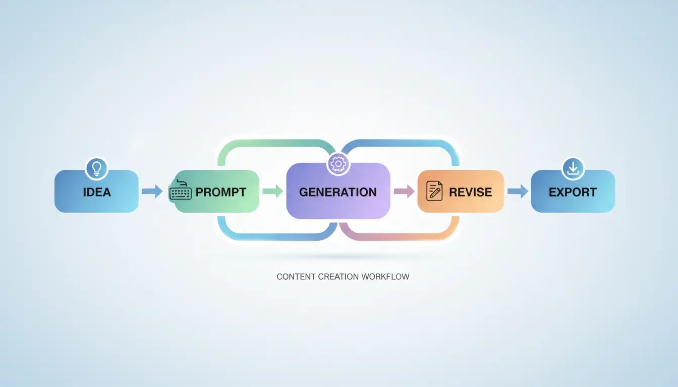 Simple workflow diagram: idea -> prompt -> generation -> revise -> export
