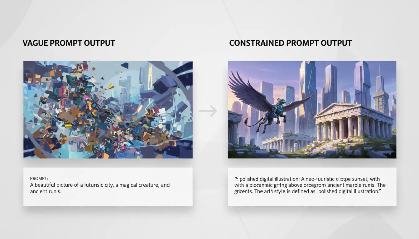 side-by-side example showing vague prompt output vs constrained prompt output