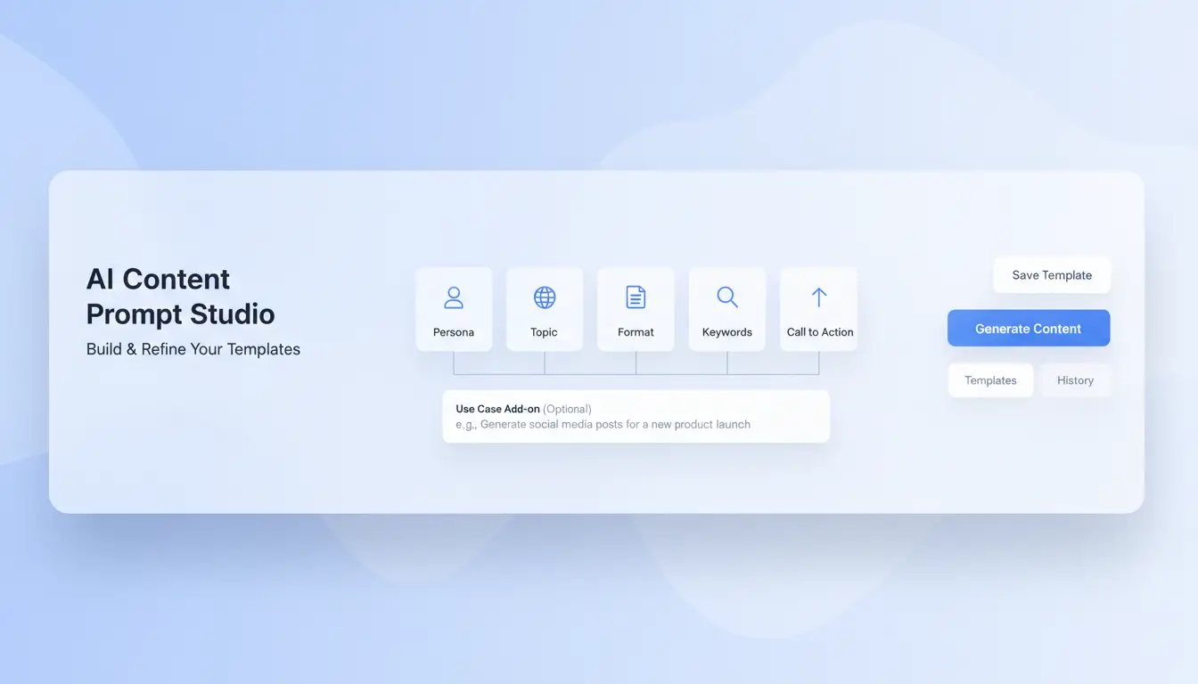 Prompt template showing five blocks and a one-line use-case add-on