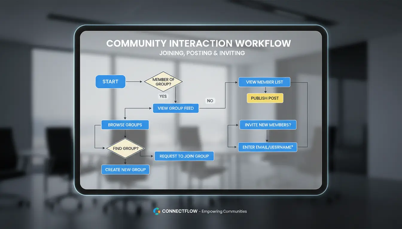 Workflow diagram: joining groups, posting, and inviting members