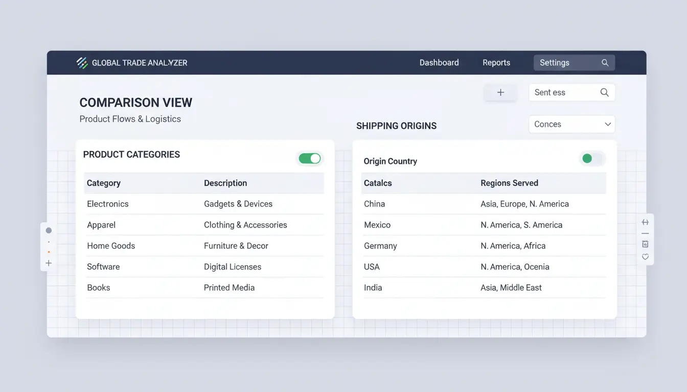 Side-by-side table of product categories and shipping origins