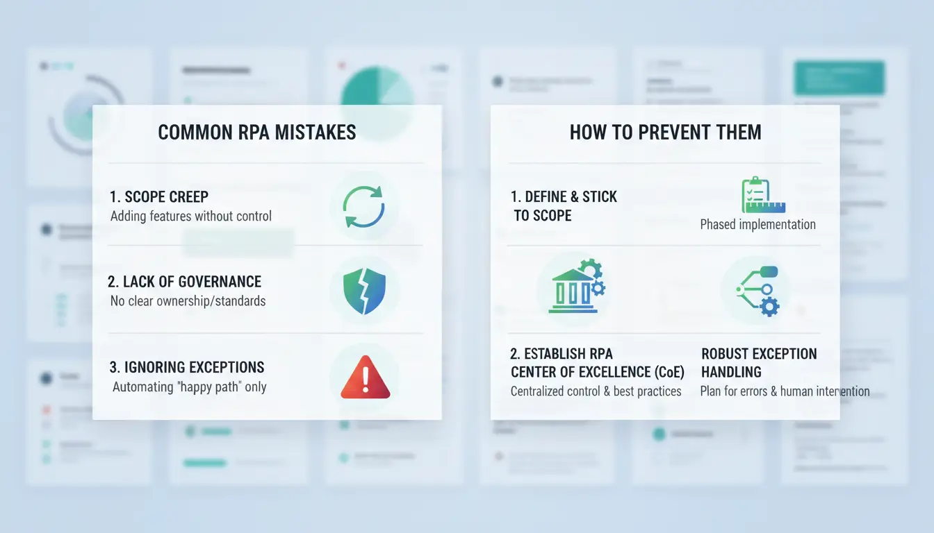 A side-by-side table or infographic showing common RPA mistakes and how to prevent them.