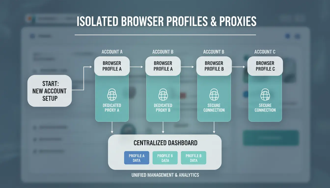 Sơ đồ quy trình làm việc hiển thị hồ sơ trình duyệt riêng biệt với proxy cho từng tài khoản