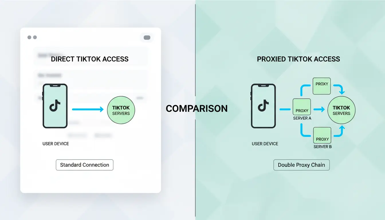 Diagram comparing proxy vs proxy for TikTok access