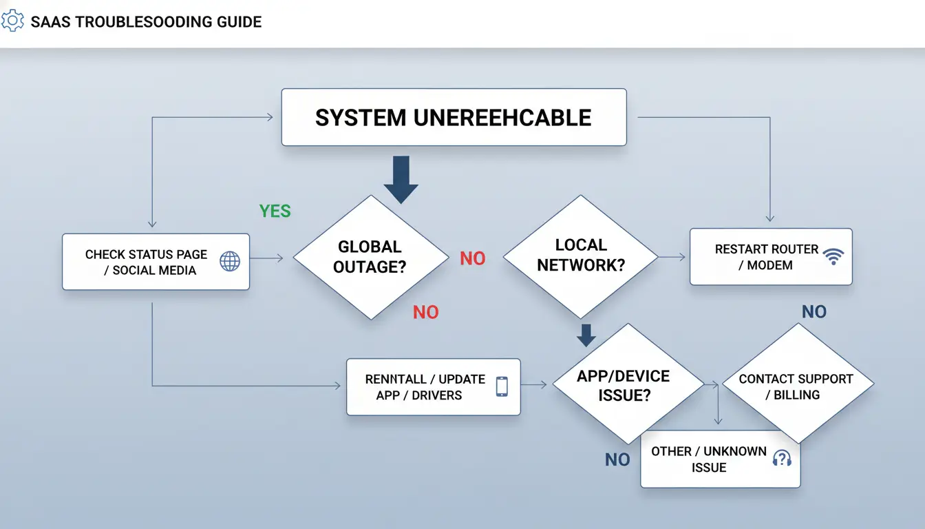 A simple decision tree: global outage vs local network vs app/device vs account restriction.