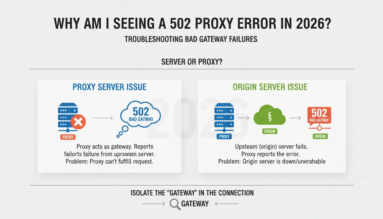 Is the 502 Bad Gateway error caused by the server or my proxy?