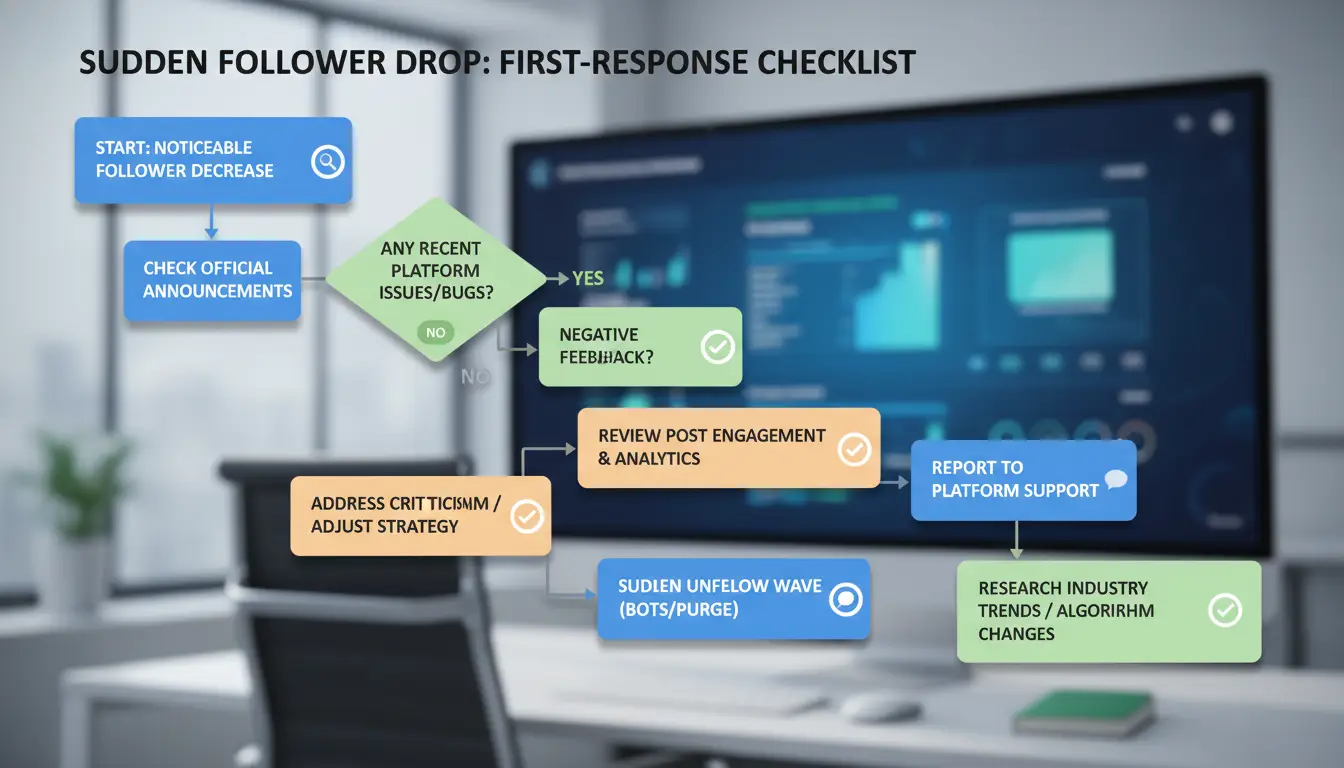 A simple first-response checklist flowchart for diagnosing sudden follower drops.