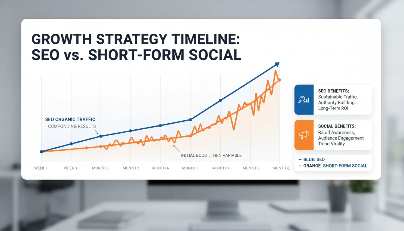 timeline chart comparing SEO and short-form social from week 1 to month 6