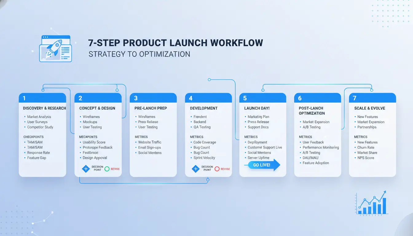 7-step launch workflow with checkpoints and metrics at each stage.