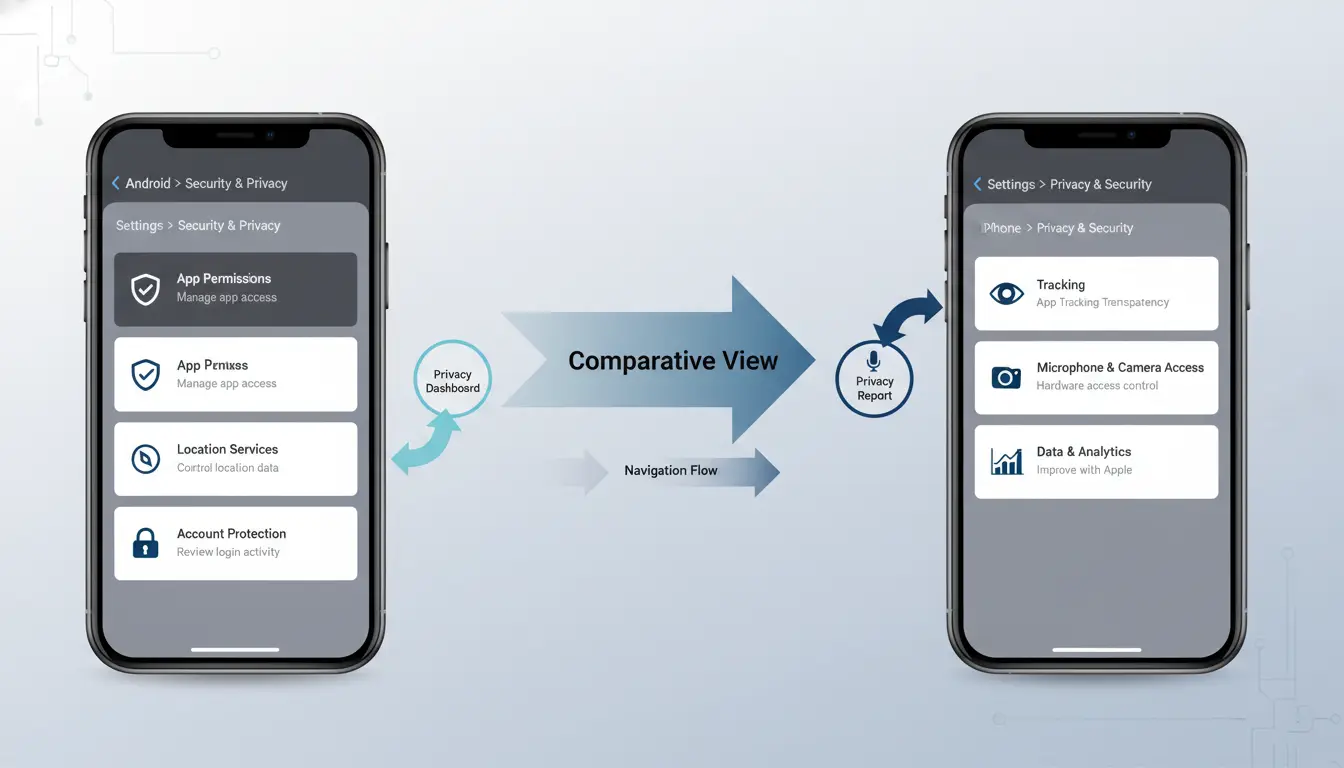 Captura comparativa de menús de seguridad y privacidad en Android vs iPhone con flechas de navegación.