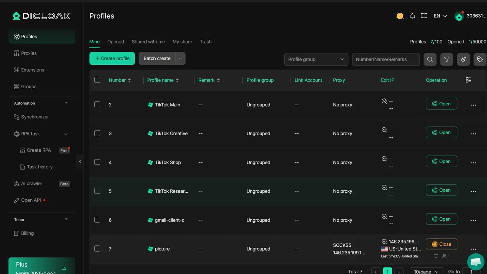 DICloak profile management dashboard showing separate browser profiles for managing multiple TikTok Web accounts.