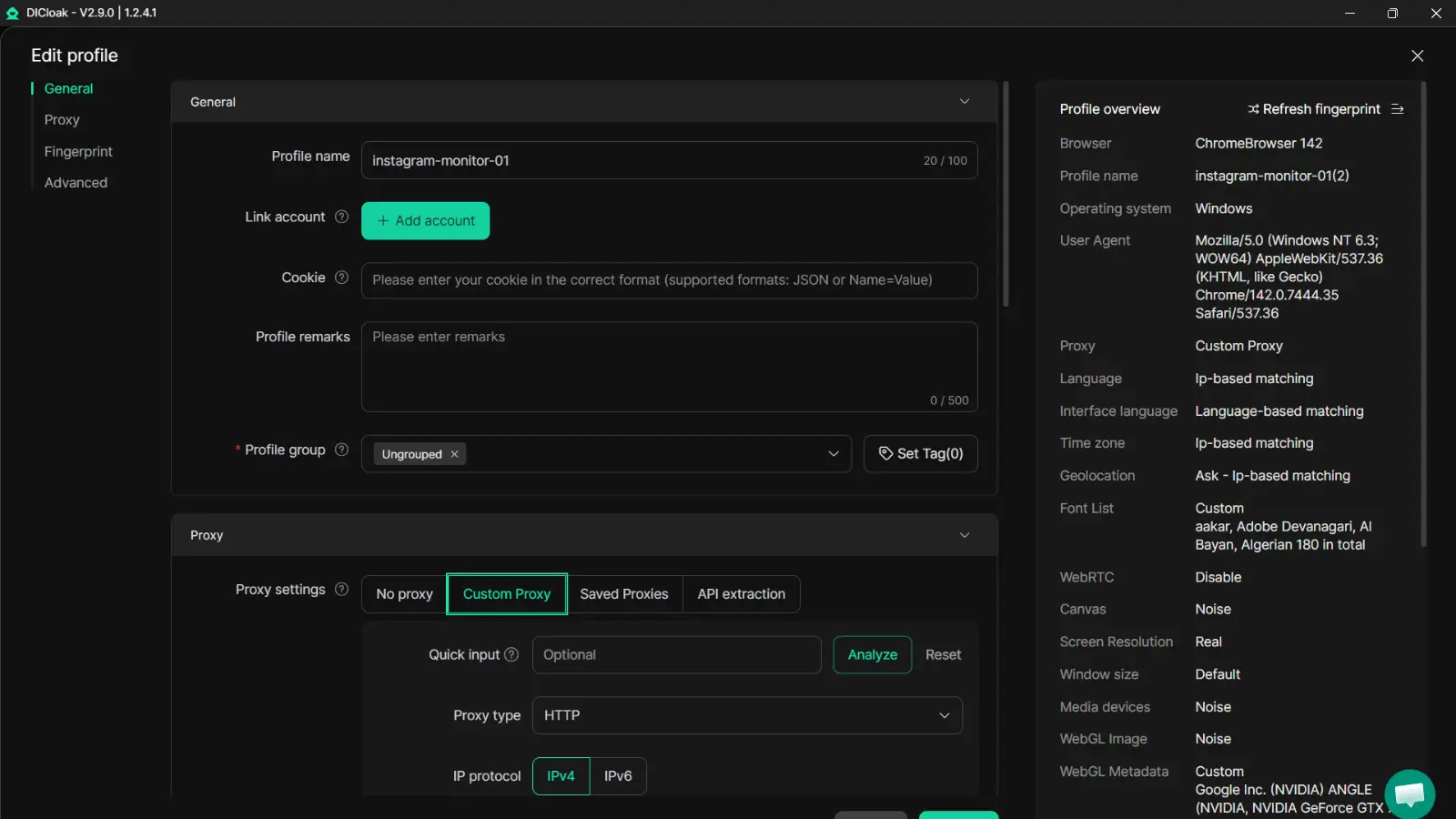 DICloak profile settings for separate Instagram account environments