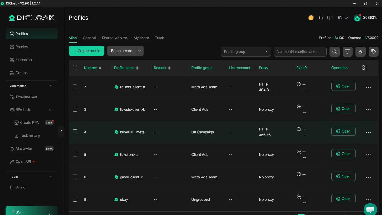 DICloak browser profiles for managing multiple Facebook page accounts