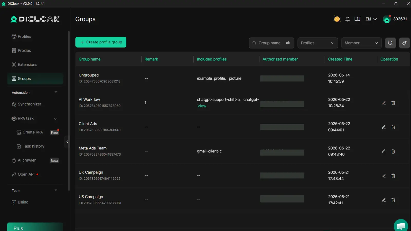 DICloak profile groups for managing team access across account environments