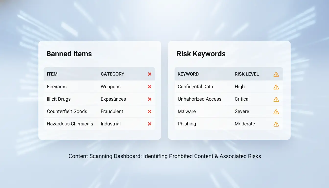 Example table of banned items and risk keywords