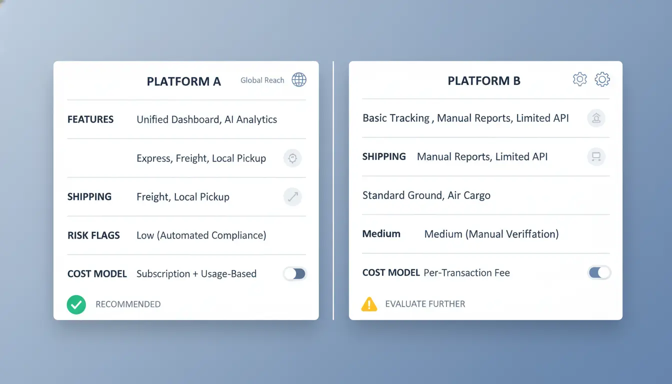 comparison of supplier platforms, features, shipping, risk flags
