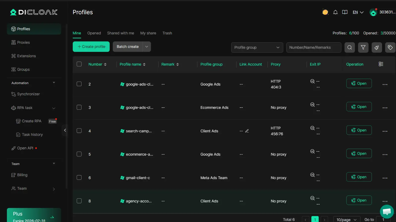DICloak browser profiles for Google Ads account management