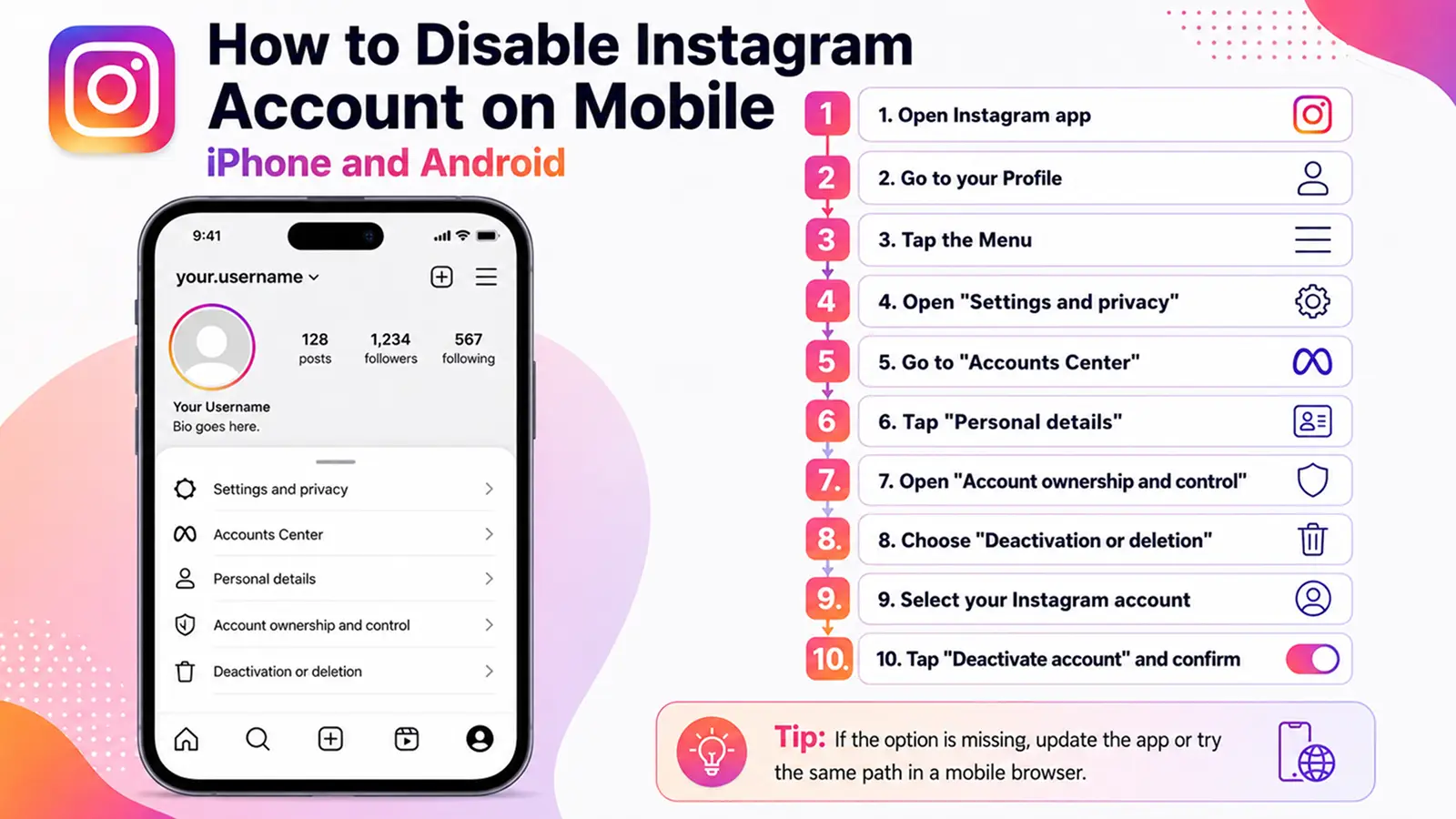 disable Instagram account on phone through Accounts Center