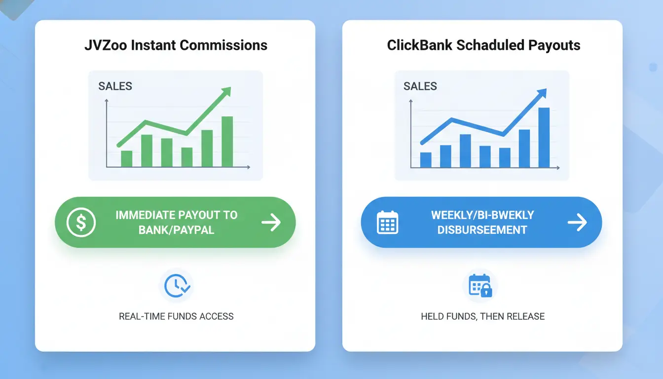 Workflow comparison between JVZoo instant commissions and ClickBank scheduled payouts