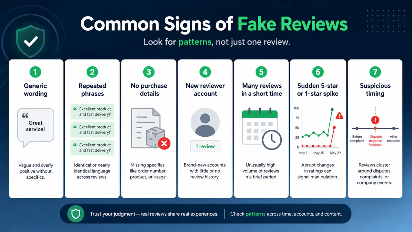 Infographic highlighting the common signs of fake Trustpilot reviews including repeated wording, generic reviews, and suspicious reviewer activity