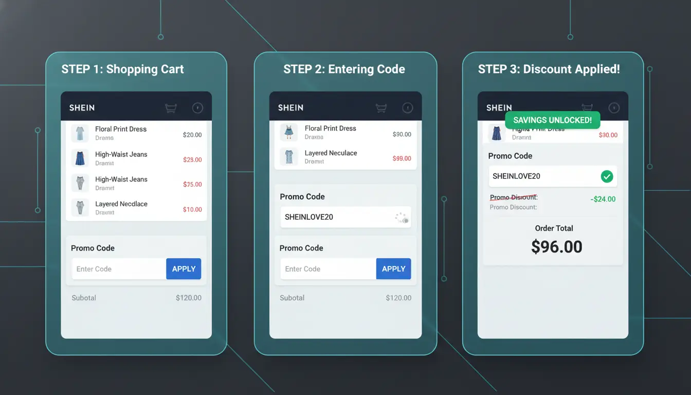 Screenshot sequence of entering a promo code on SHEIN checkout page