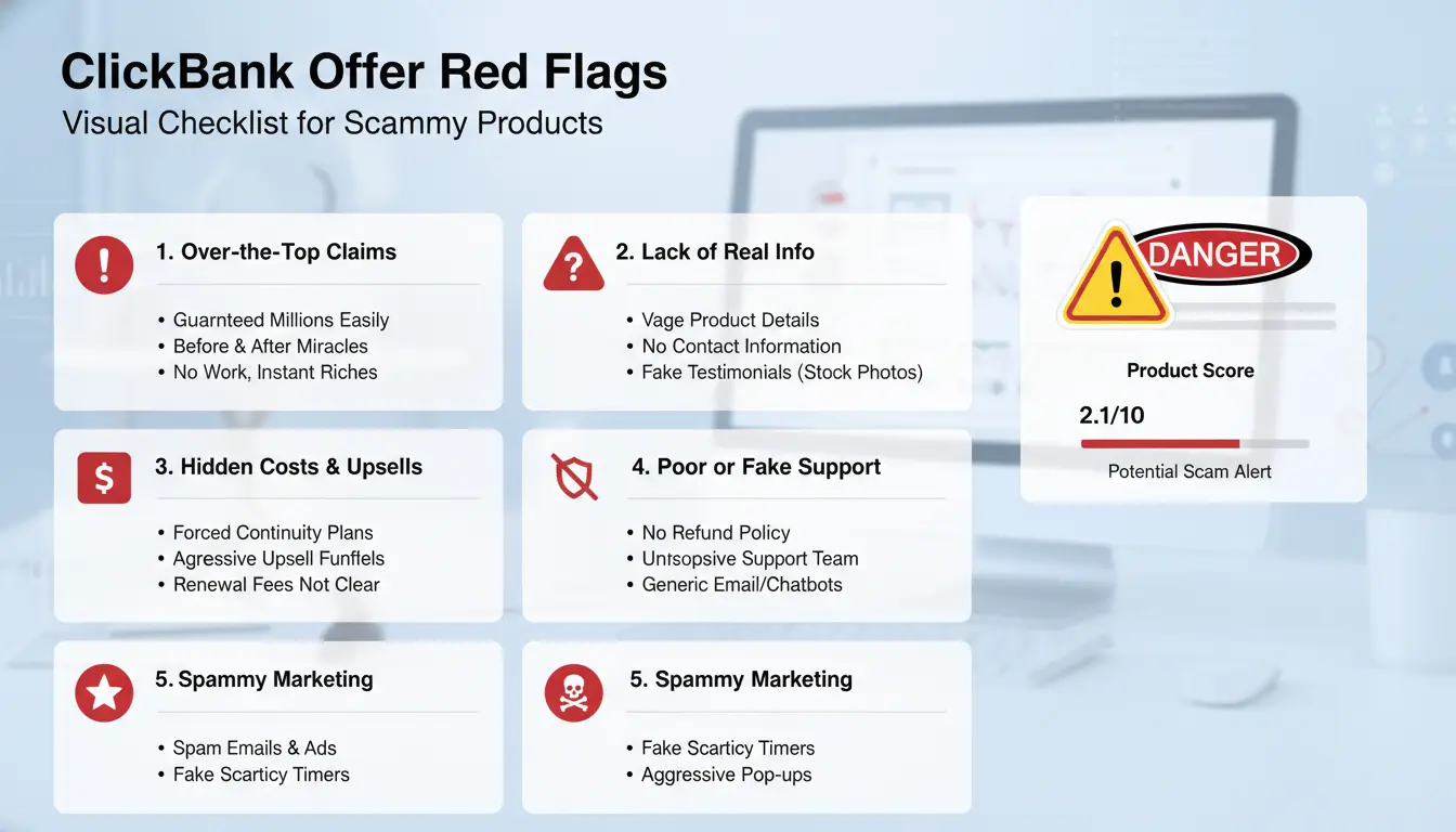 Visual checklist of red flags for scammy ClickBank offers