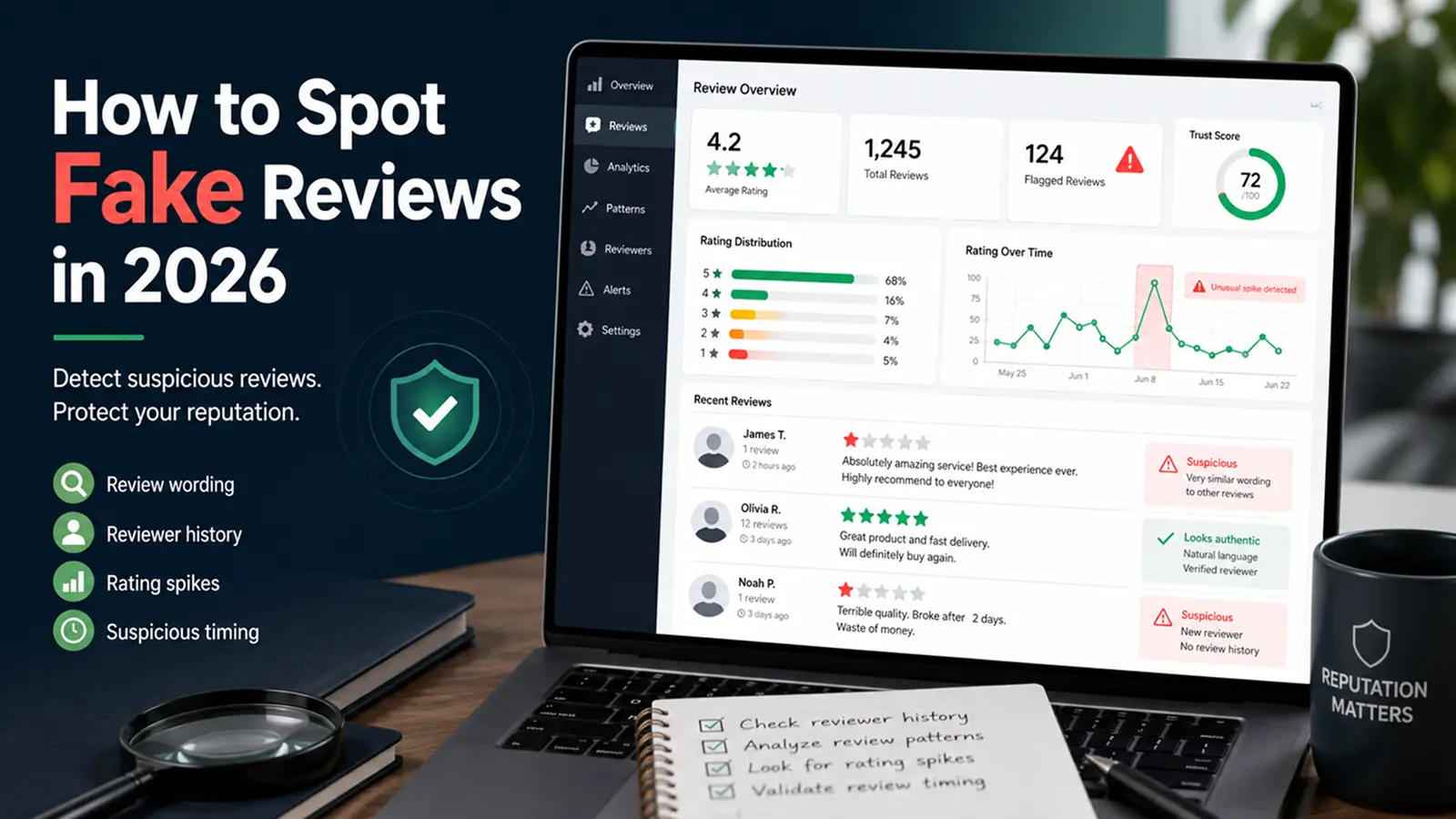 Illustration of a person analyzing online reviews on multiple screens, highlighting fake Trustpilot reviews and suspicious patterns