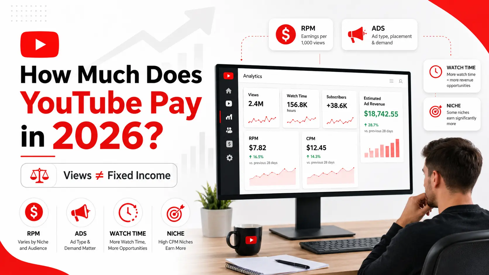 Content creator at a desk viewing YouTube Analytics dashboard showing views, RPM, ad revenue, subscribers, watch time, and CPM with headline 'How Much Does YouTube Pay in 2026? Views ≠ Fixed Income'