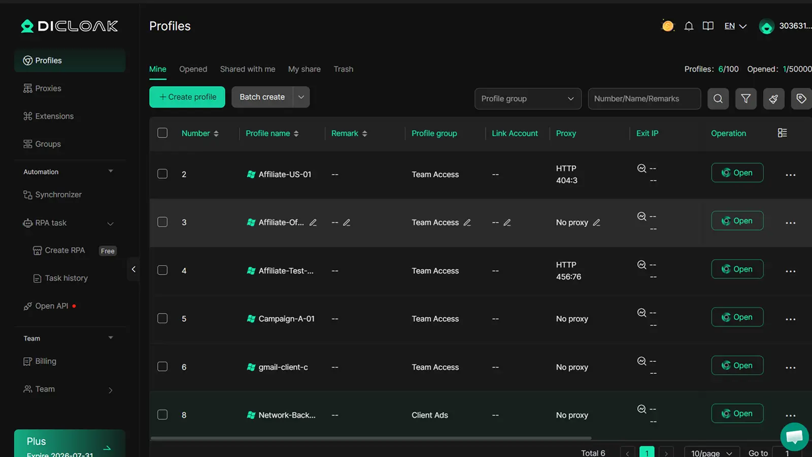 DICloak profile settings showing separate browser profile, proxy, and fingerprint options for Affiliate account management.
