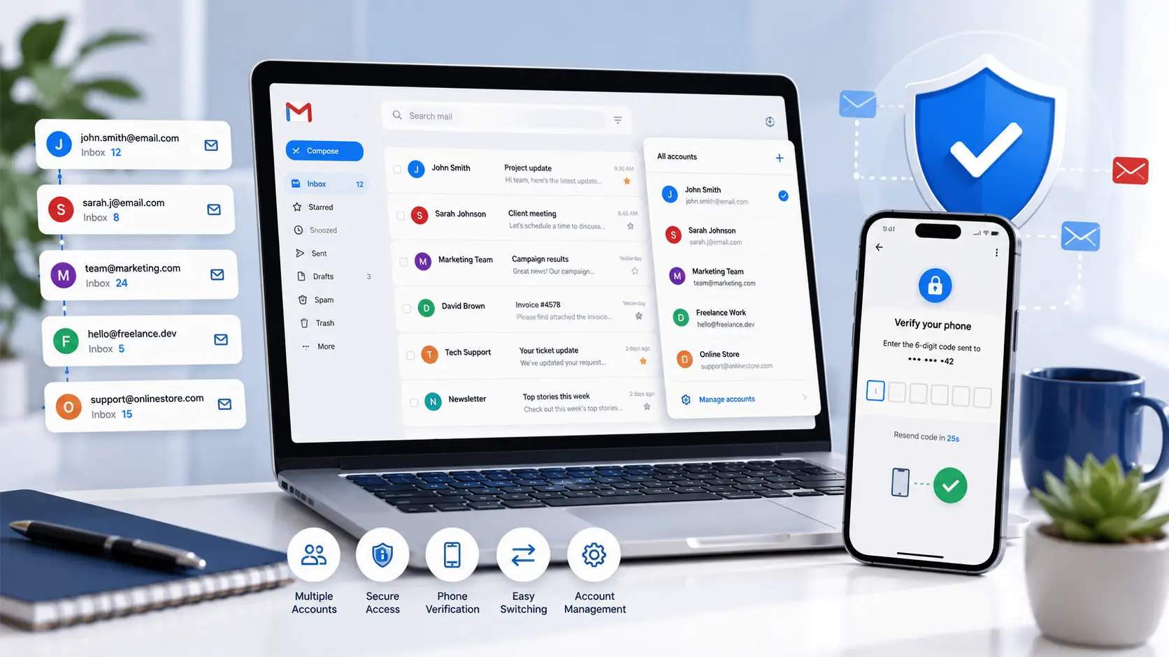 A modern workspace showing multiple Gmail accounts, email management, and account security across different devices