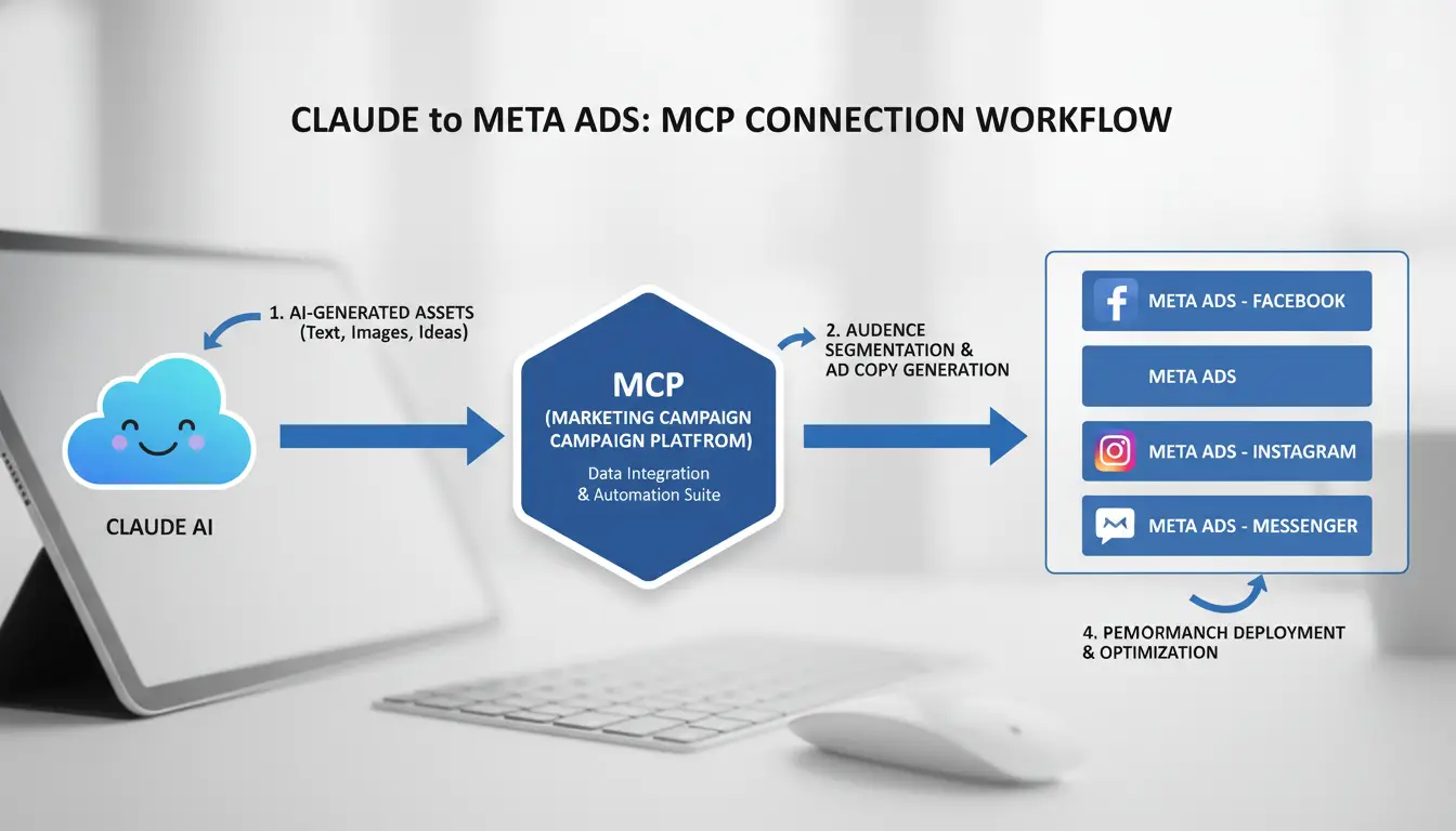 Illustration of the connection workflow between Claude and Meta Ads via MCP