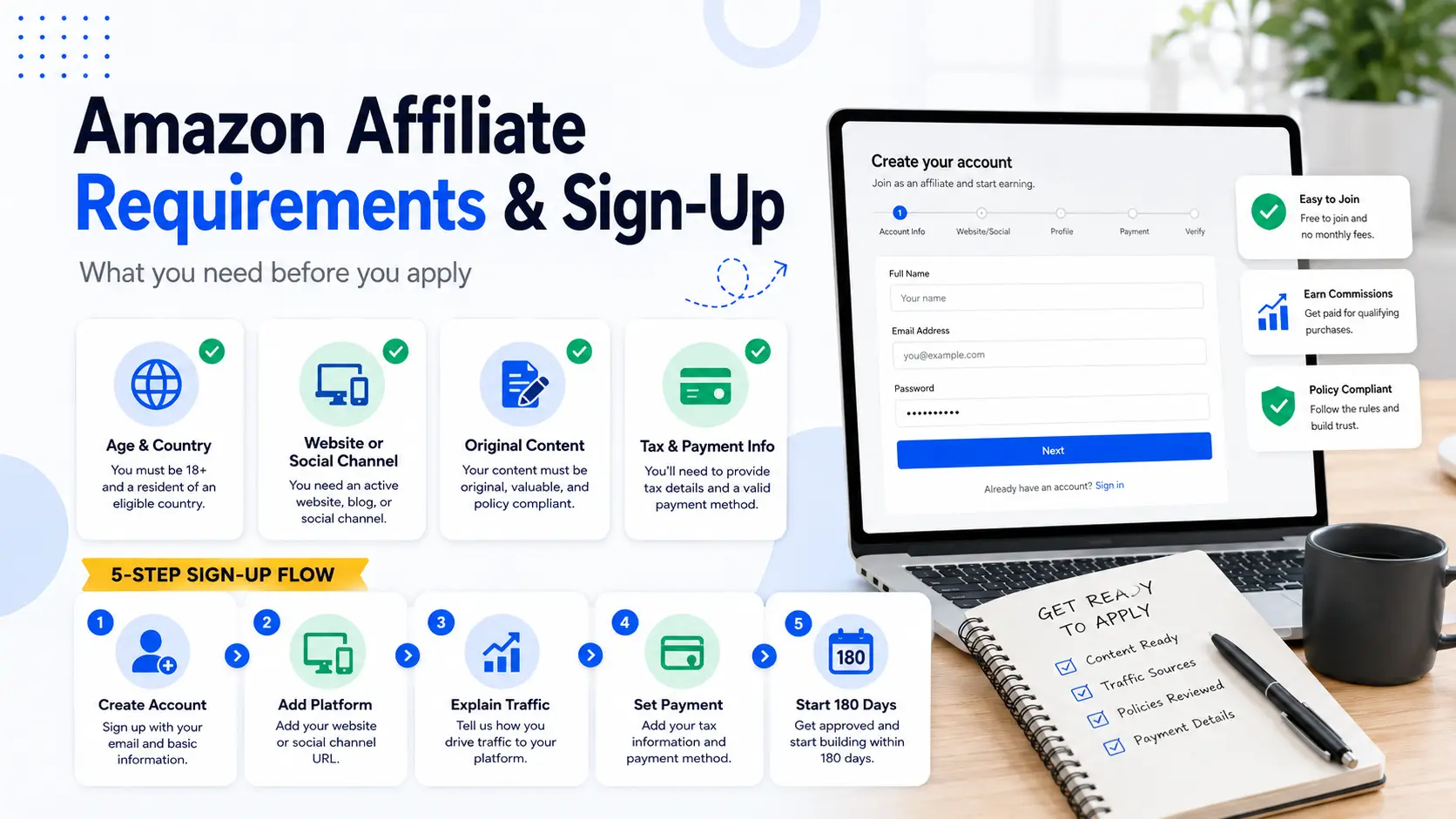 Amazon affiliate requirements and sign-up steps for new Amazon Associates