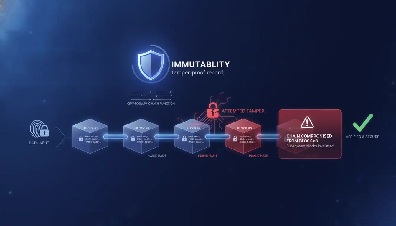 Visual showing blockchain's immutability and cryptographic protection
