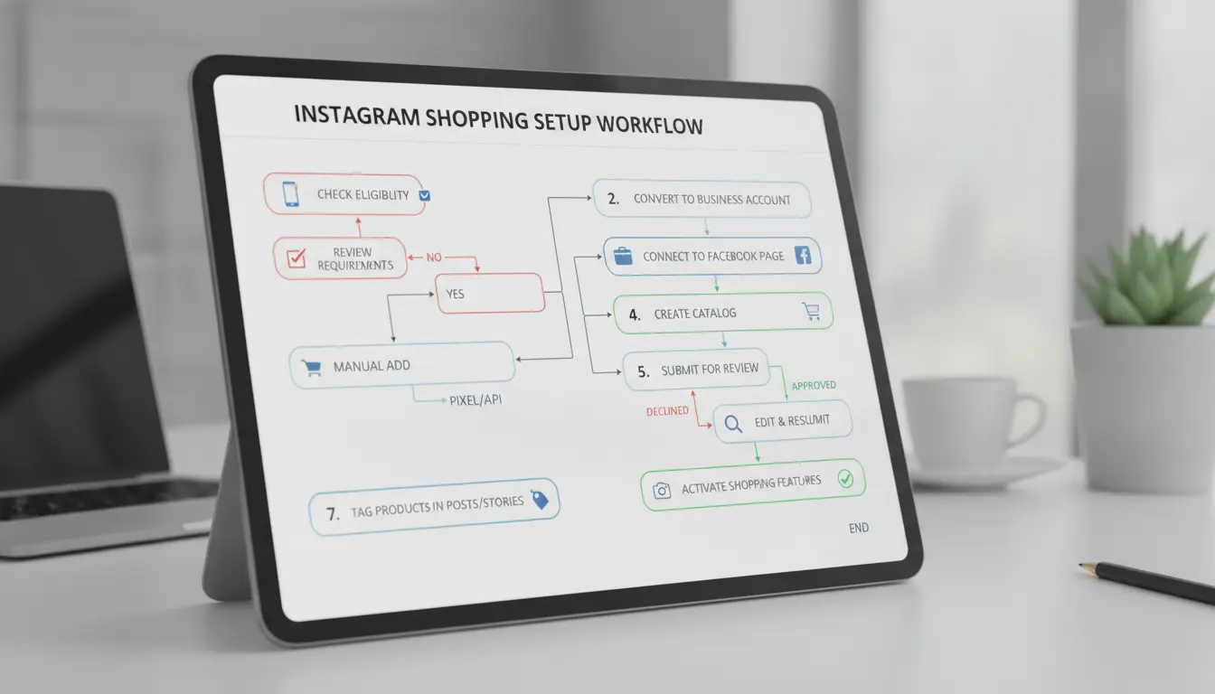 Workflow diagram showing Instagram Shopping setup
