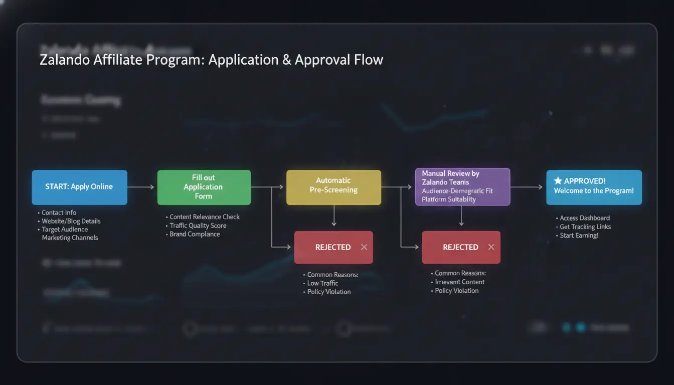 Visual flowchart of the Zalando affiliate application and approval steps