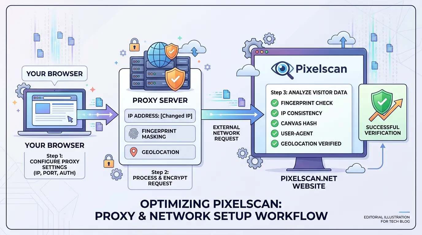 Workflow diagram showing proxy and network setup for Pixelscan