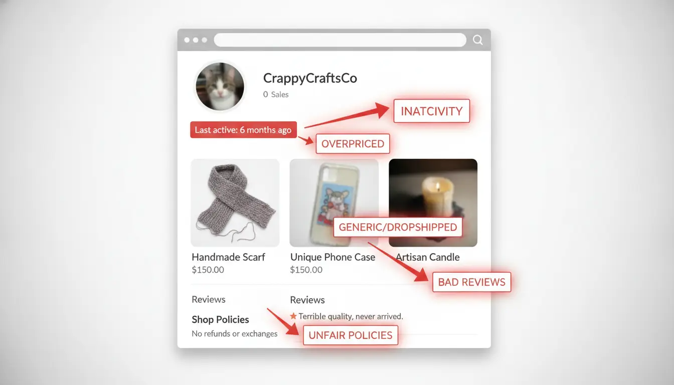 Annotated screenshot highlighting red flags in an Etsy shop profile