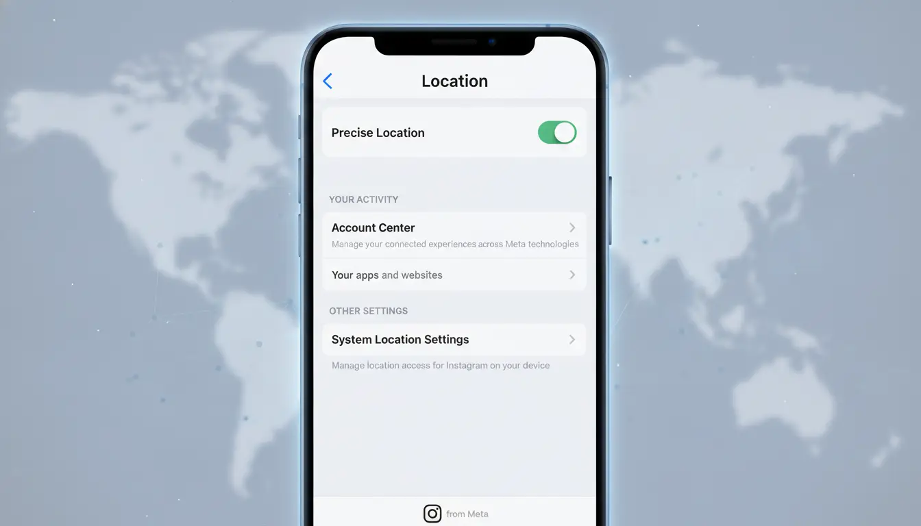 Ilustração do menu de configurações de localização do Instagram no iPhone