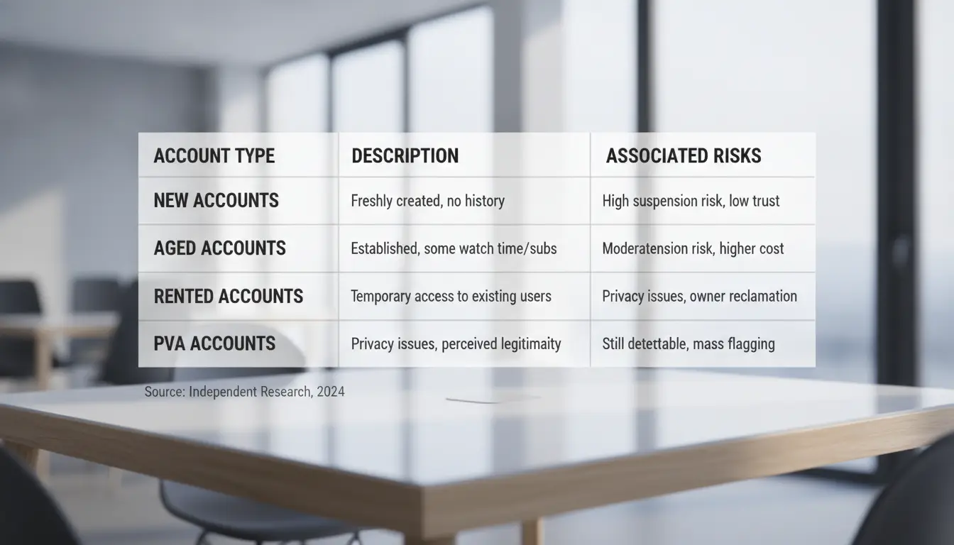 Table comparing bulk YouTube account types and risks