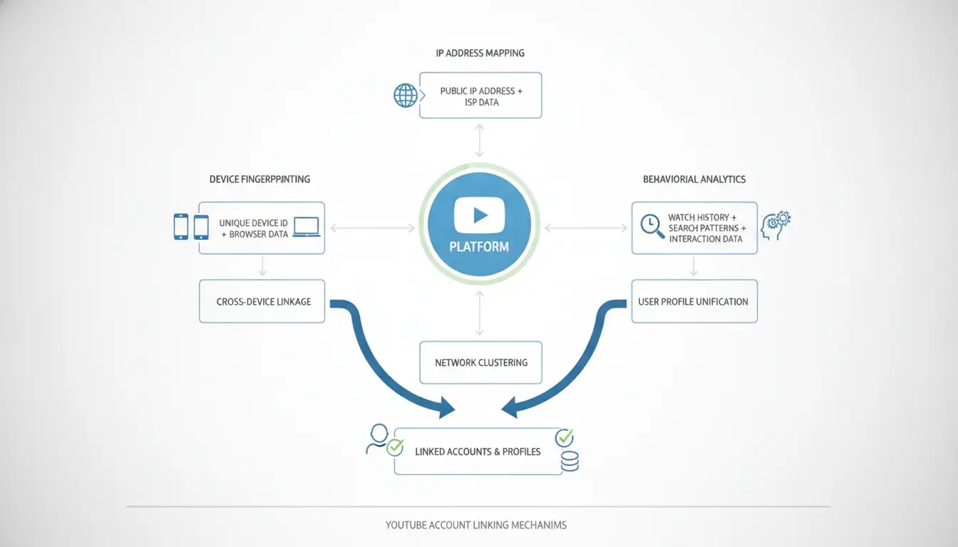 Diagram showing how YouTube links accounts by device, IP, and behavior