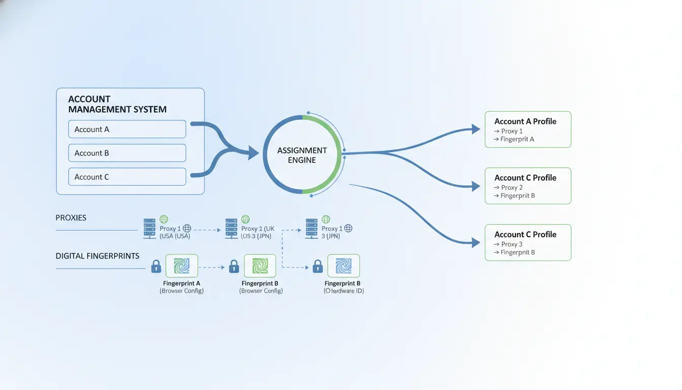 Workflow diagram: assigning proxies and fingerprints per account