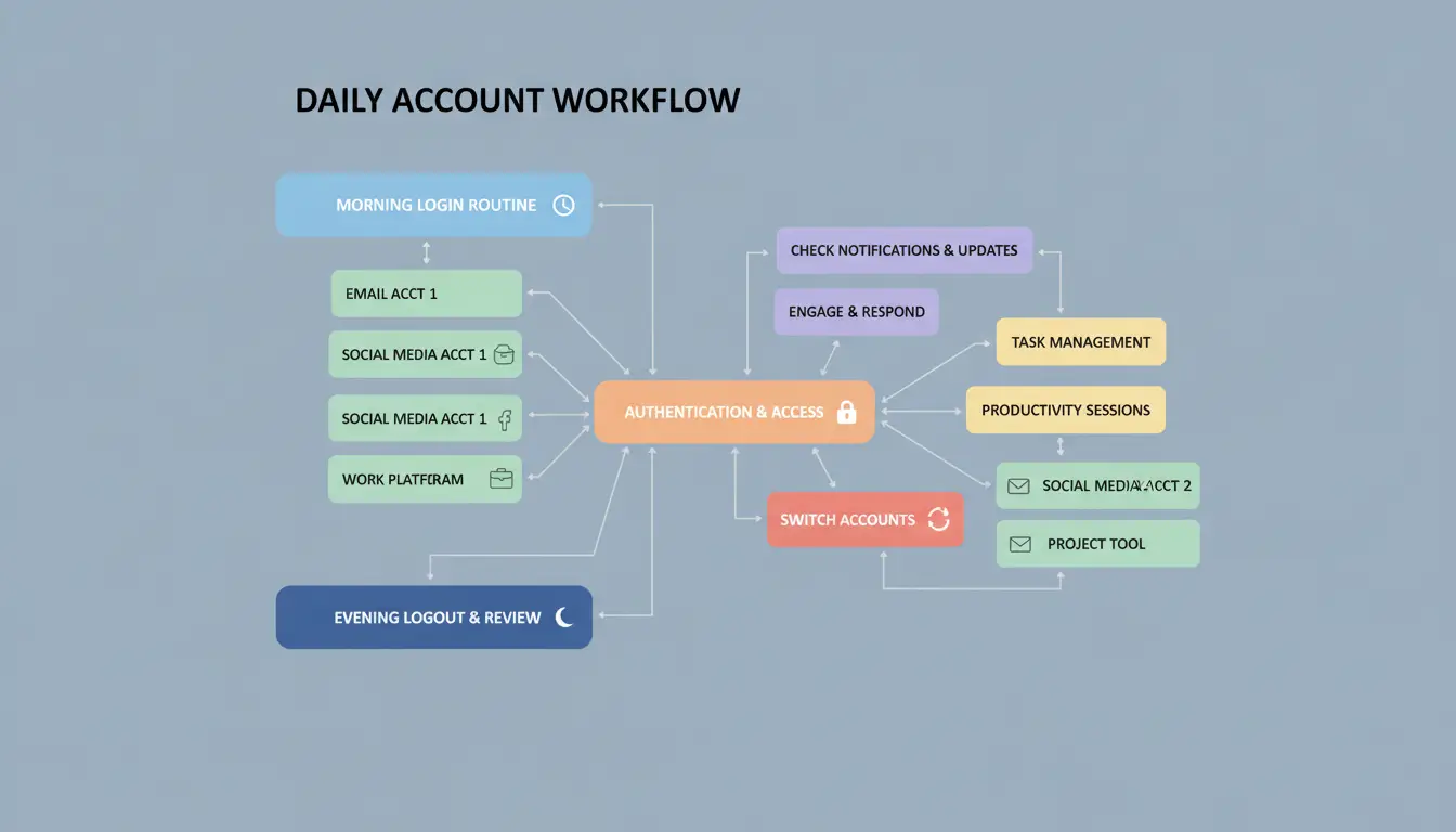 Workflow diagram of daily login and usage for multiple accounts