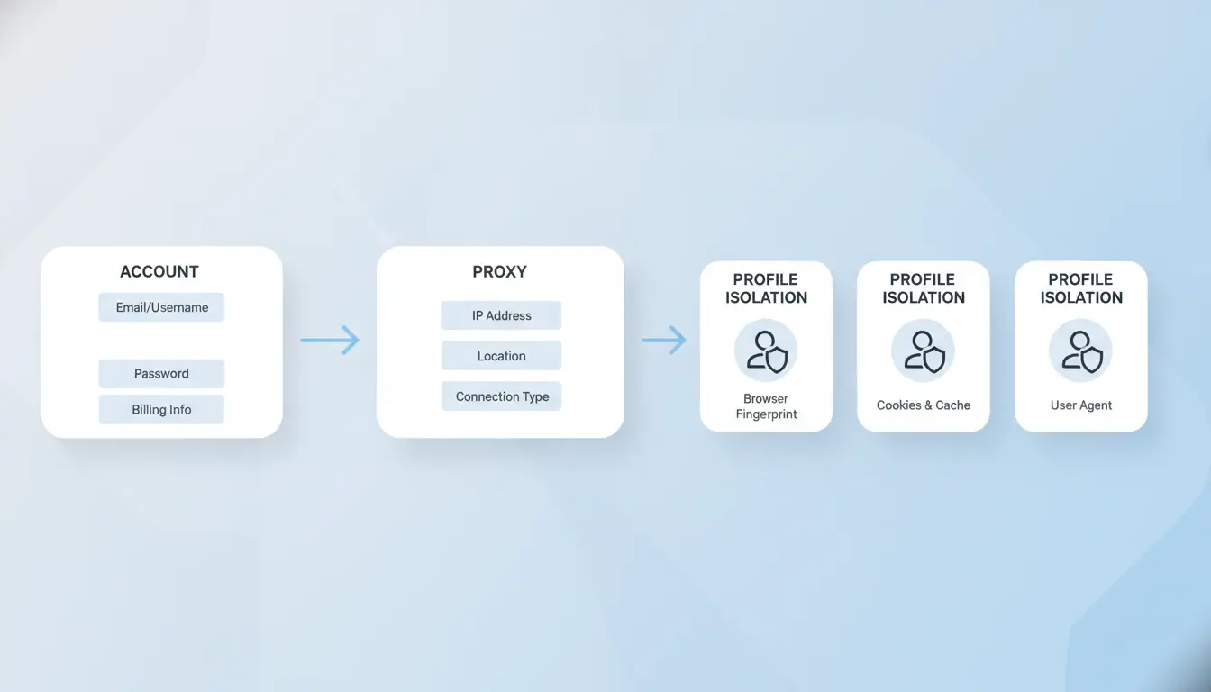 Workflow diagram: account, proxy, profile isolation