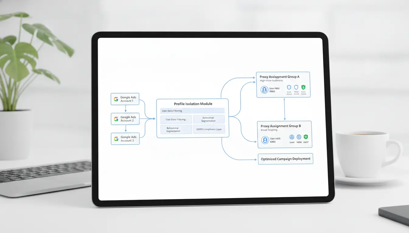 Workflow diagram showing profile isolation and proxy assignment for multiple Google Ads accounts