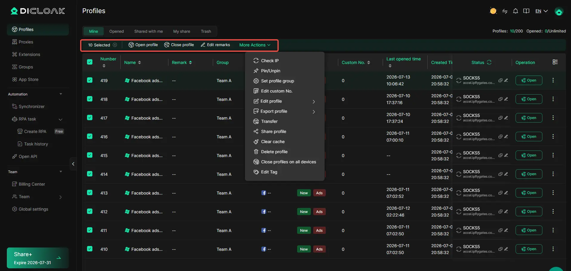 DICloak bulk operations for browser profiles