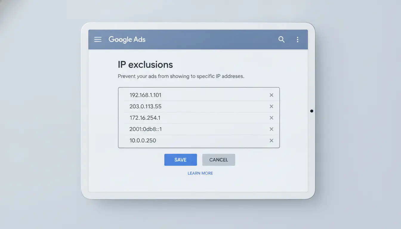 Screenshot of Google Ads IP exclusion panel with sample entries
