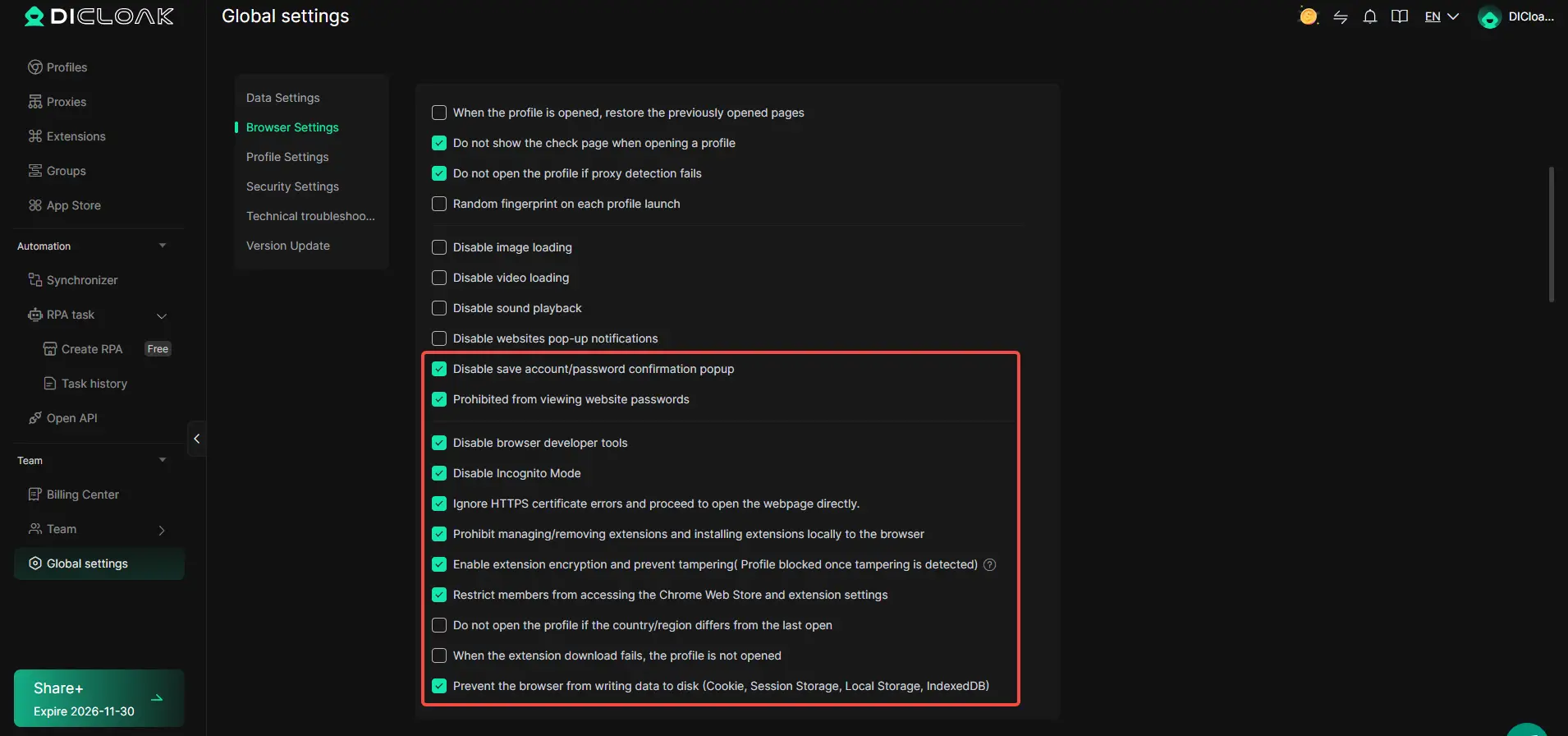 DICloak password and account-sharing security settings